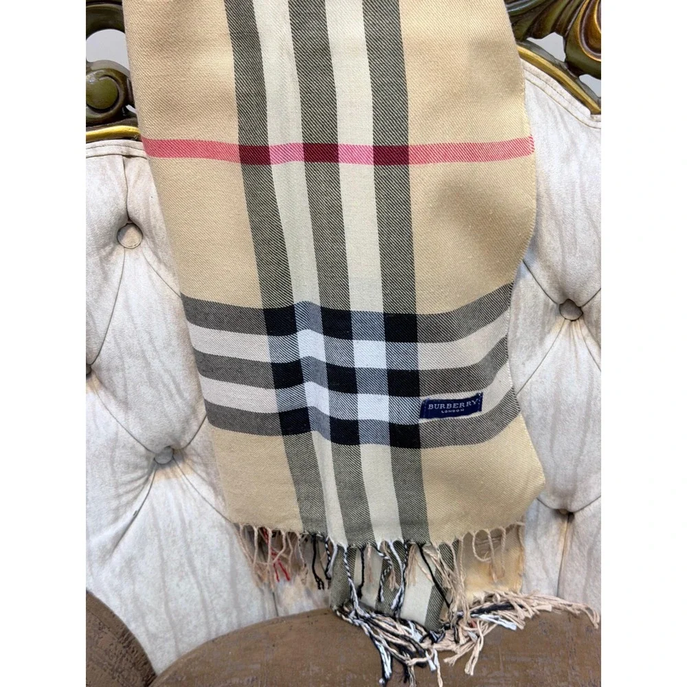 Burberry London Scarf Nova Check Tan Plaid Fringe Trim Unisex Designer Wrap